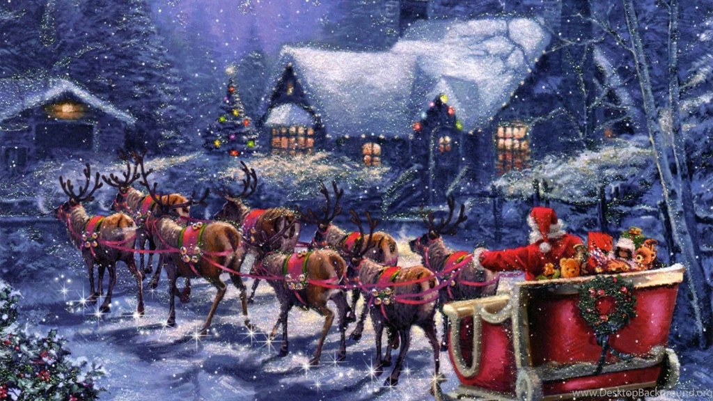Wallpaper: Merry Christmas, Santa, Reindeer, Gifts, Sleigh Car ...