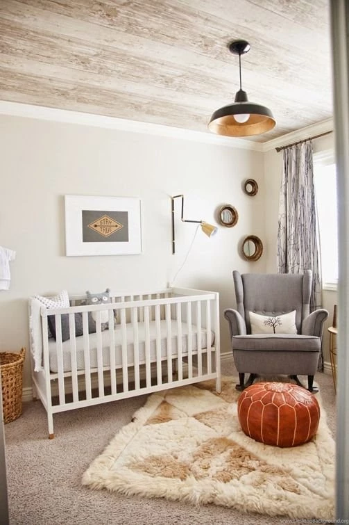 Masculine Baby Boys Room. Faux Wood Plank Wallpapers On Ceiling ...