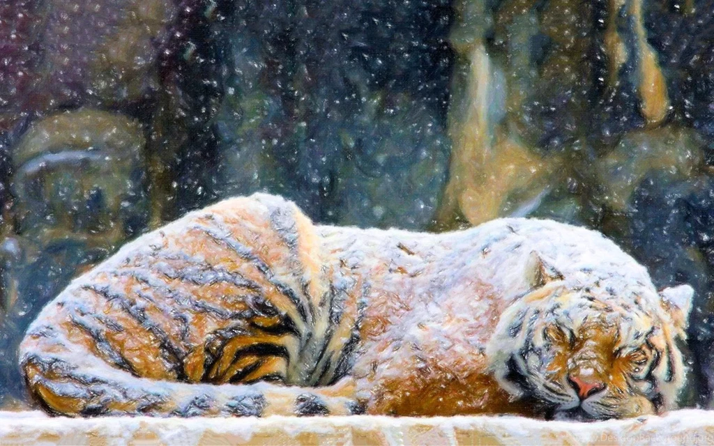 Cats: Tiger Covered Snow Painting Animals Art Paintings Winter ...