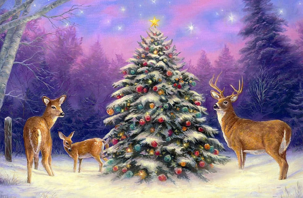 Christmas Whitetail Deer Xmas New Year Paintings Winter Holidays ...