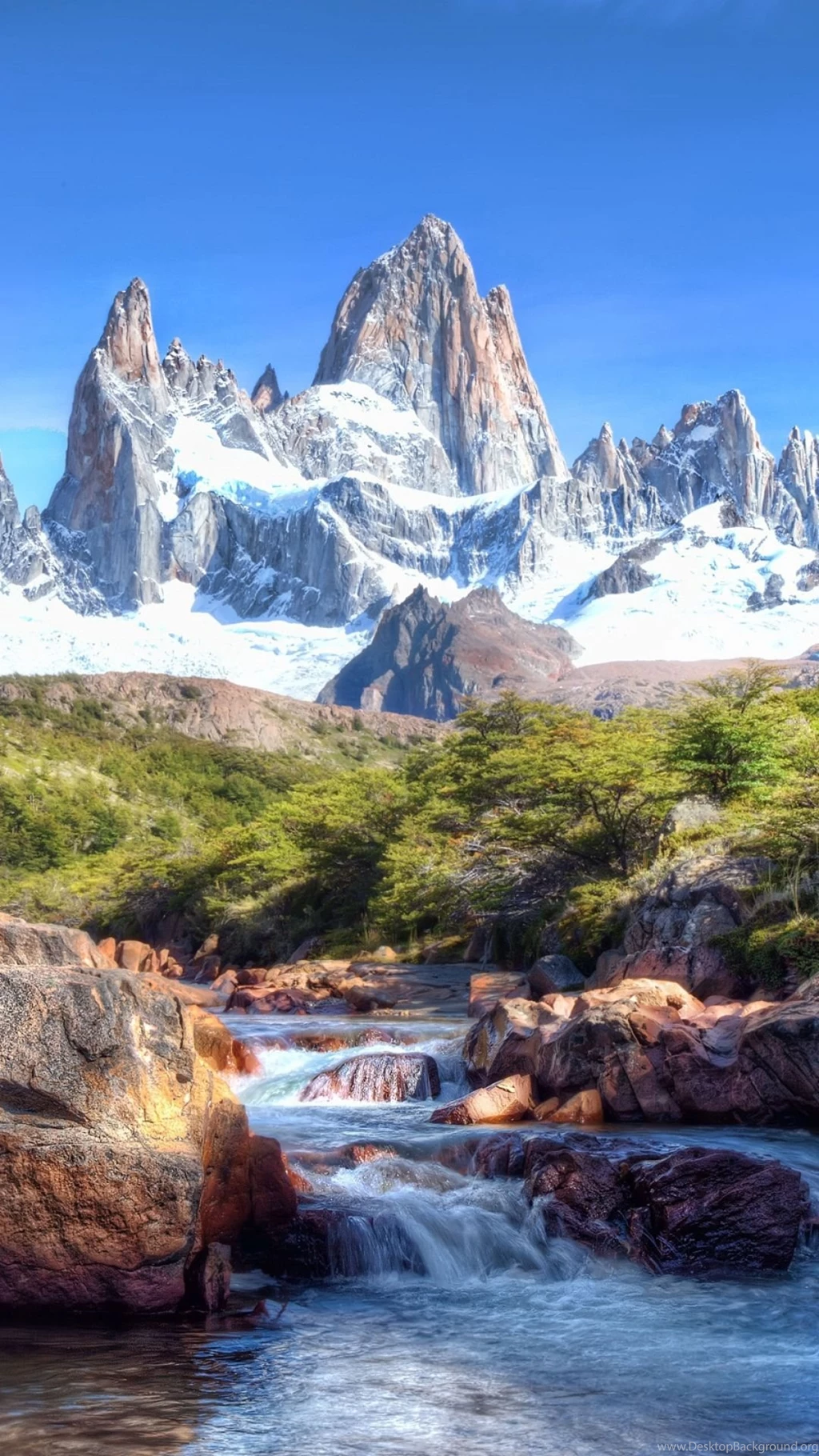 Download Wallpapers 1080x1920 Mountains, Stones, Wood, Tops, Snow ...