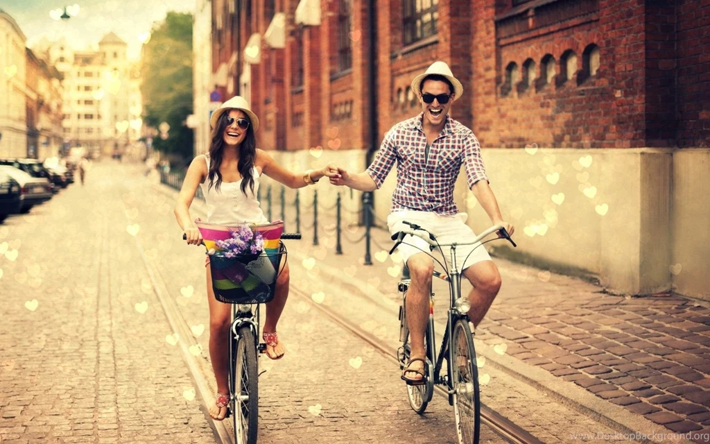 Street boy girl bicycles love hearts city smile happy wallpapers.jpg
