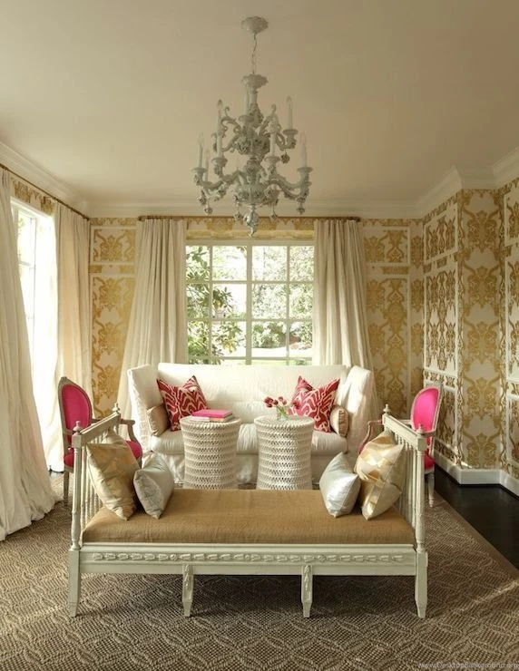 Living Room Gold Damask Wallpaper, Off White Silk Curtains, High ...