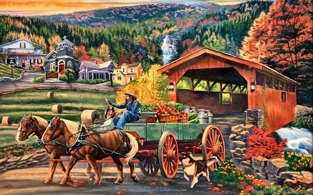 Market Day Autumn Harvest Bridge Painting