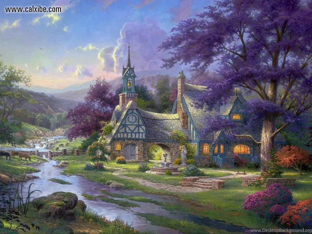Drawing & Painting: Thomas Kinkade   Clocktower Cottage, Desktop ...