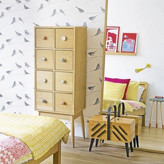 Modern Bedroom With Retro Sewing Box And Bird Motif Wallpapers ...