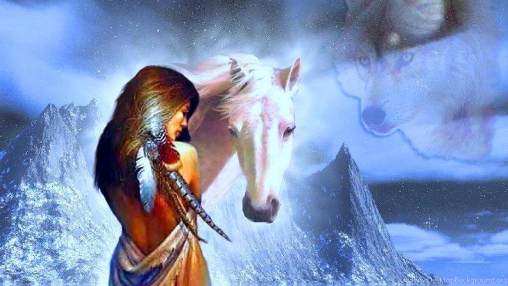 Native American Woman And Wolf Protector (