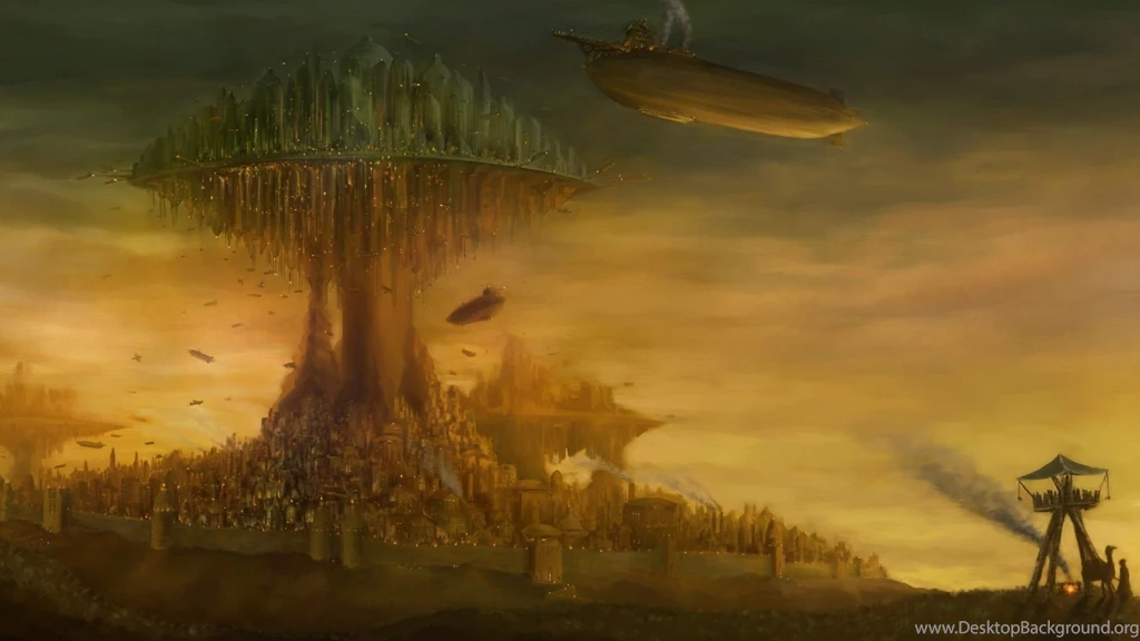 City Blimp Drawing Steampunk Fantasy Wallpapers