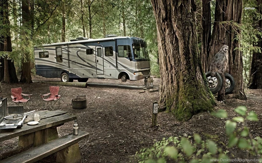 Bigfoot Steeling The Wheels Of A Camping Van Wallpapers   Fantasy ...