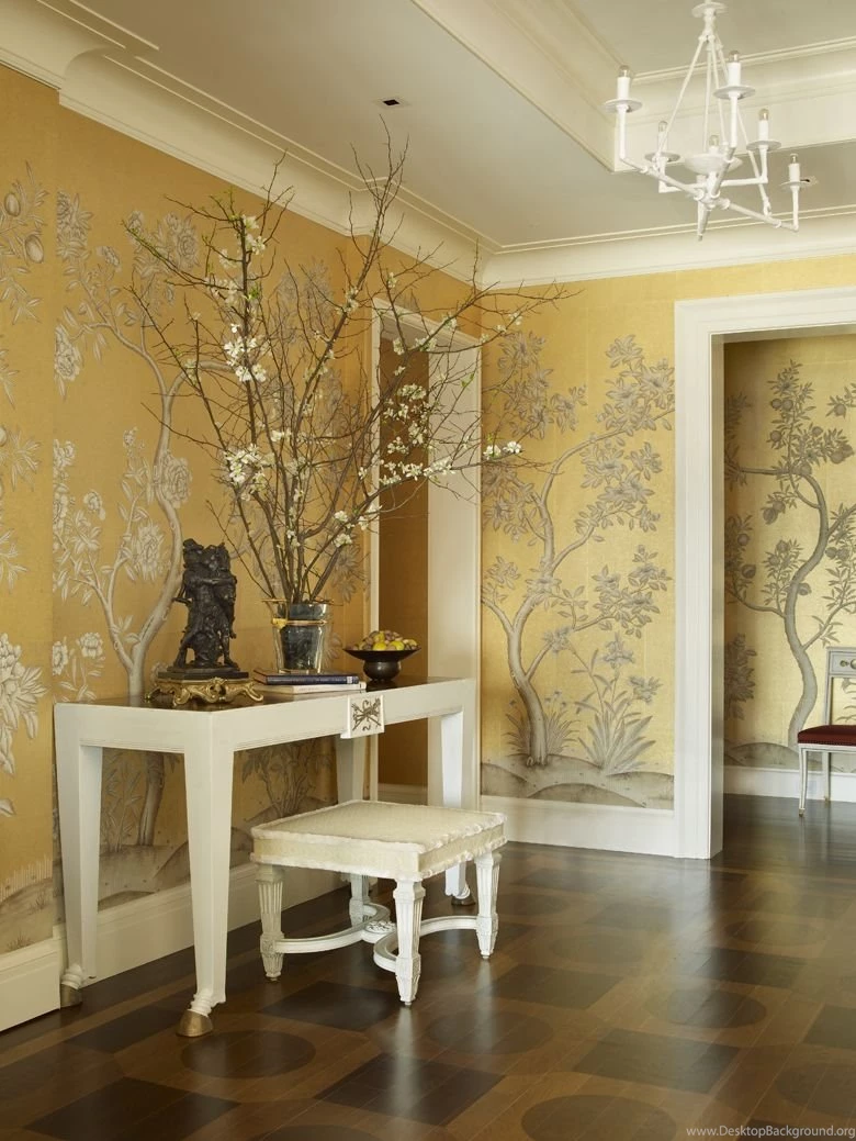 Golden Yellow Botanical Wallpapers Foyer   Interiors By Color
