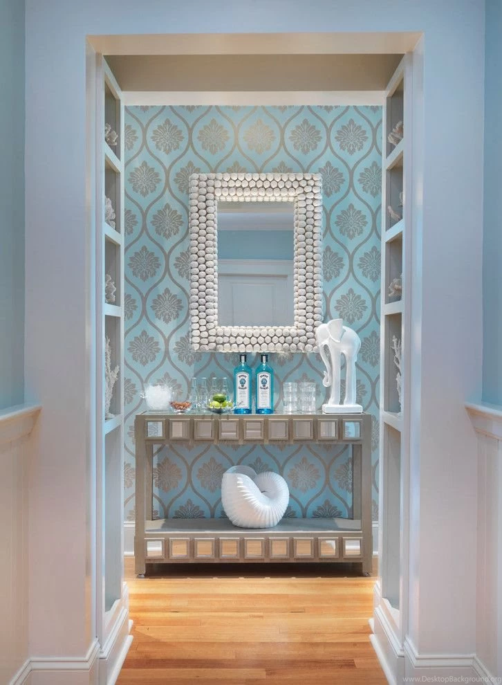 Dazzling Elephant Wallpaper mode Providence Beach Style Entry Remodeling ideas with accent mirror baseboards blue wallpaper built in shelves Door casing  ...