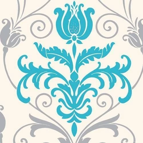 Teal / Silver / White M0589 Tulip Crown Damask Coloroll ...