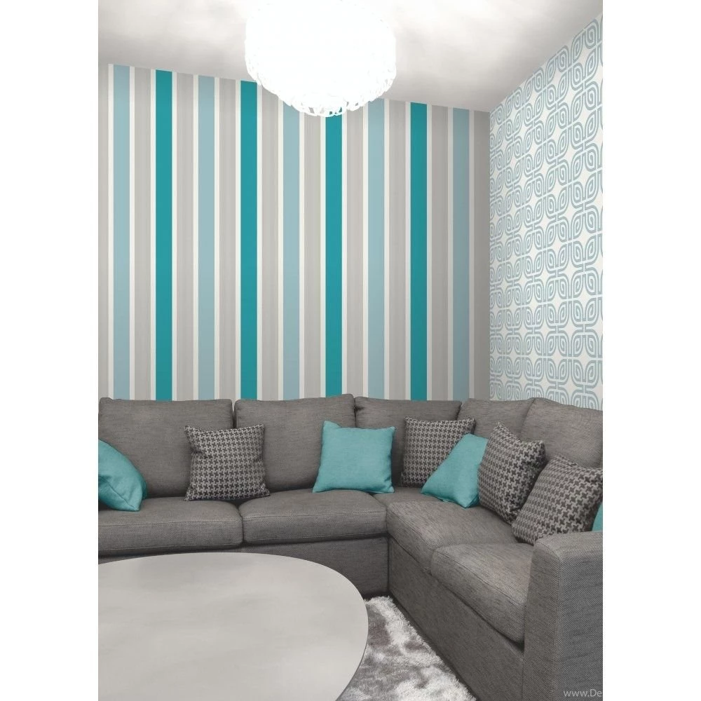 Fine Decor Mangum Striped Wallpapers Teal Silver White   FD40017 ...