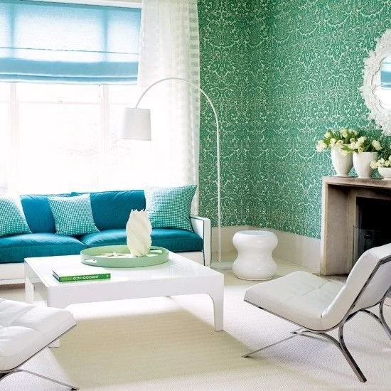 Teal / White Living Room With Damask Wallpaper.