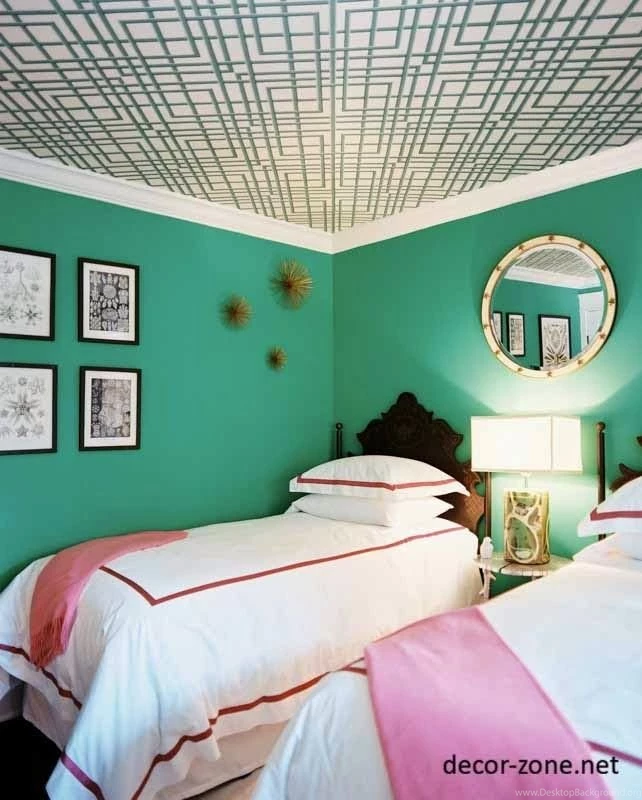 Decorative wallpaper on ceiling of bedroom.jpg