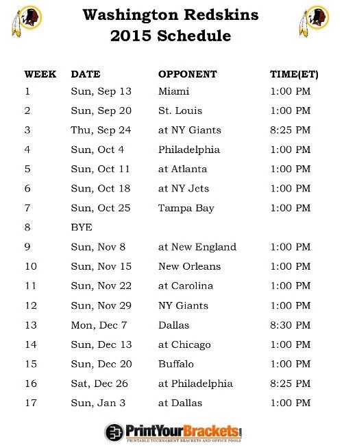 Printable Washington Redskins Schedule 2016 Football Season
