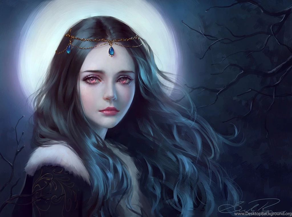 Moonlight Tree Girl Fantasy Face Red Eyes Princess Long Hair ...