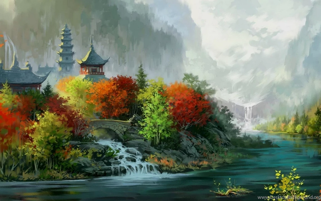 Fantasy Art Painting Asian Oriental Trees Autumn Fall Rivers ...