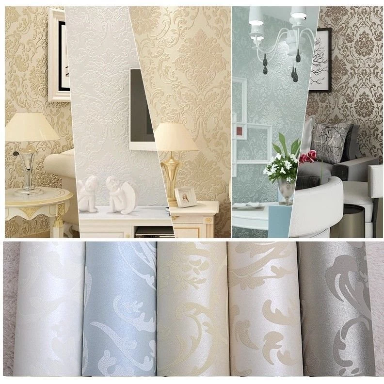 10M Embossed Metallic Damask Feature Flocked Non Woven Wallpapers ...