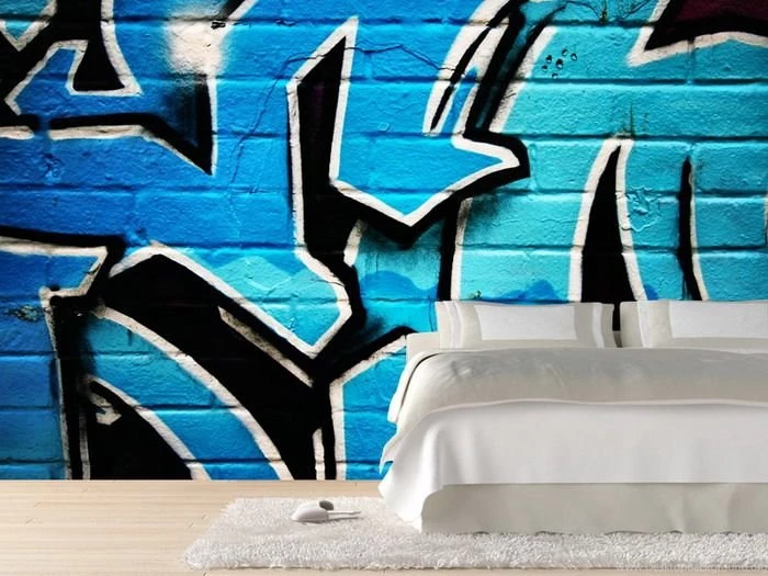 Bedroom Design With Blue Graffiti Wall Mural Wallpapers Mural ...