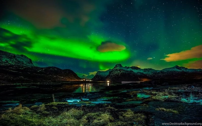 Norway, Lofoten Islands, Mountains, Winter, Night, Northern Lights ...