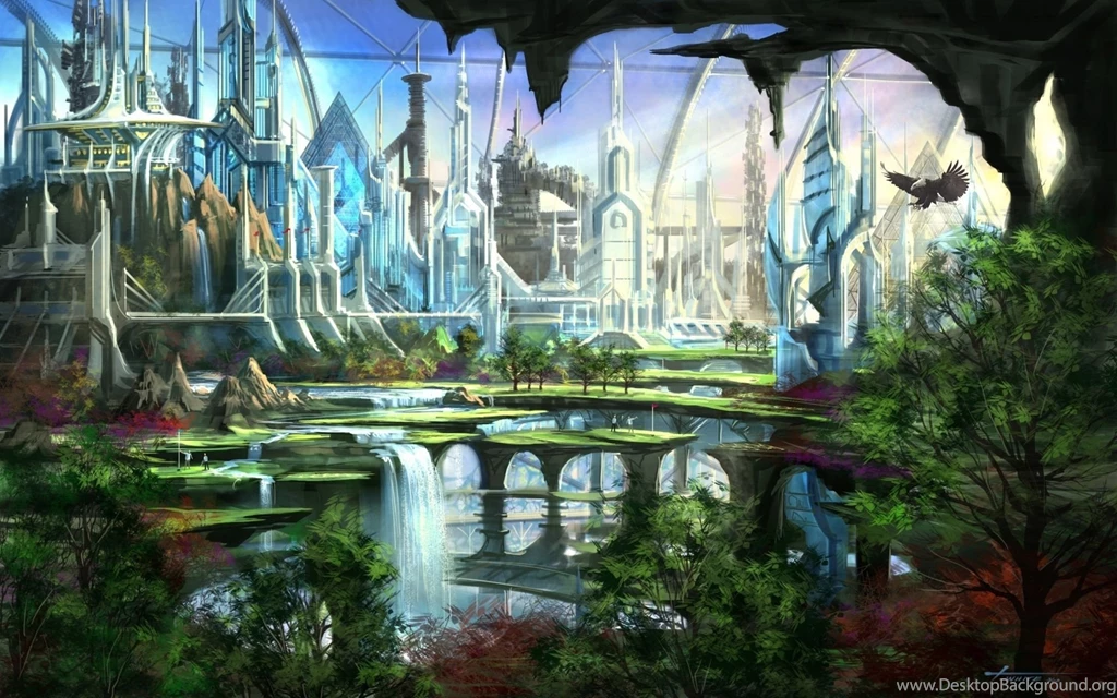 Fantasy Art Cities Waterfalls Nature Trees Wallpapers
