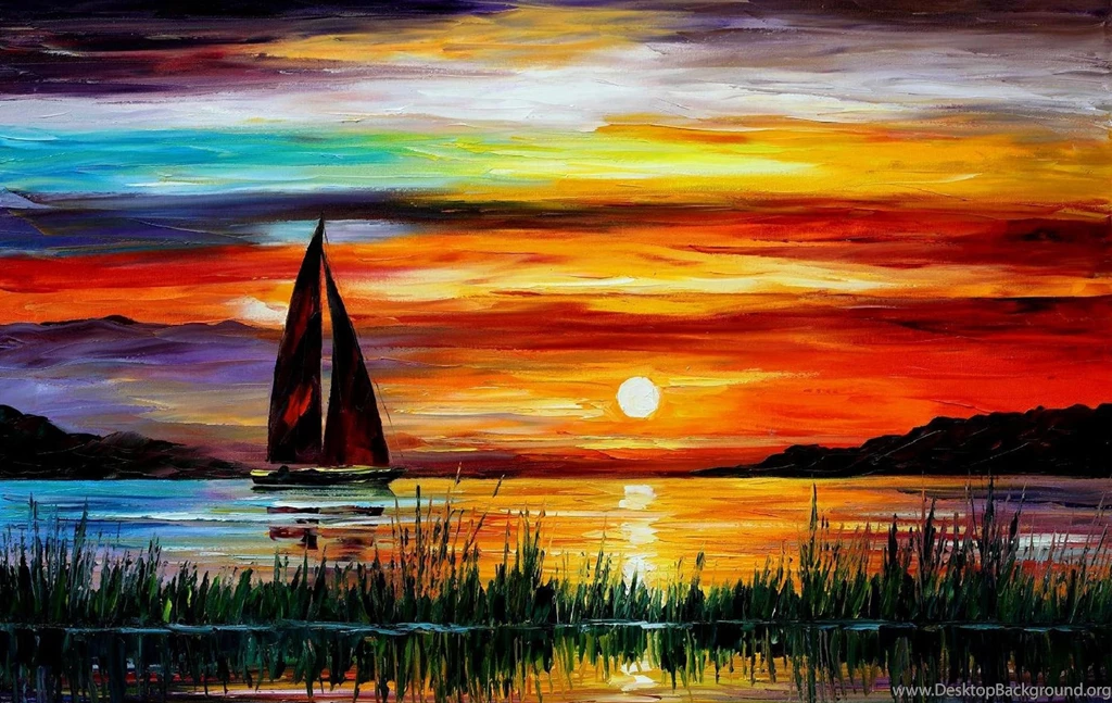 Sunset Paintings Leonid Afremov Sailboats Oil Painting