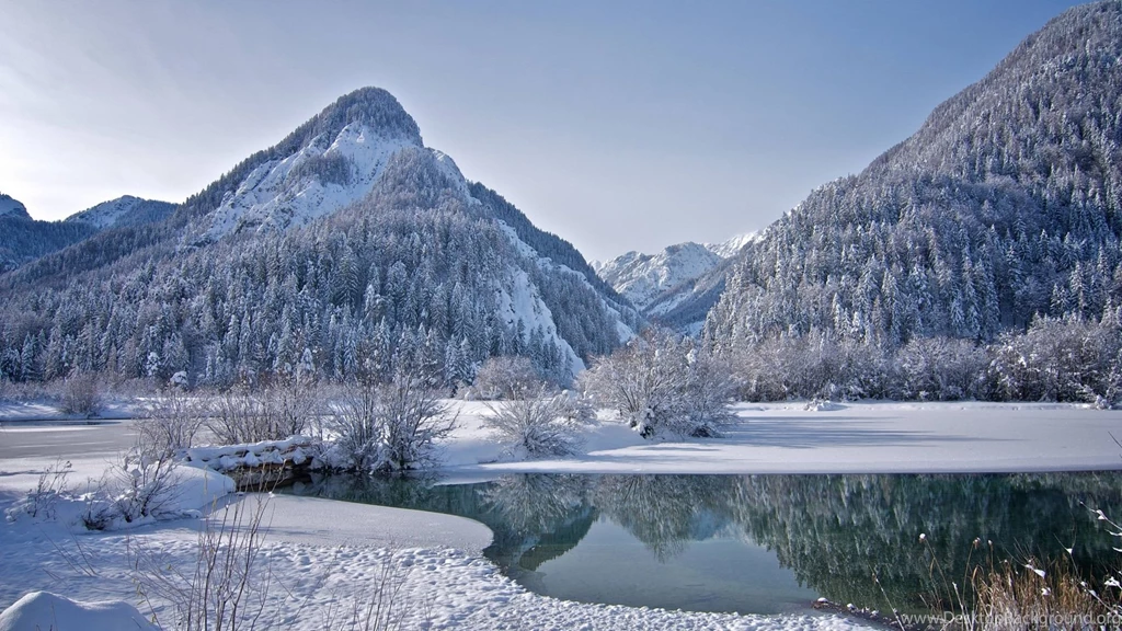 Download Wallpapers 1920x1080 Mountains, Trees, Frozen Lake, Winter ...