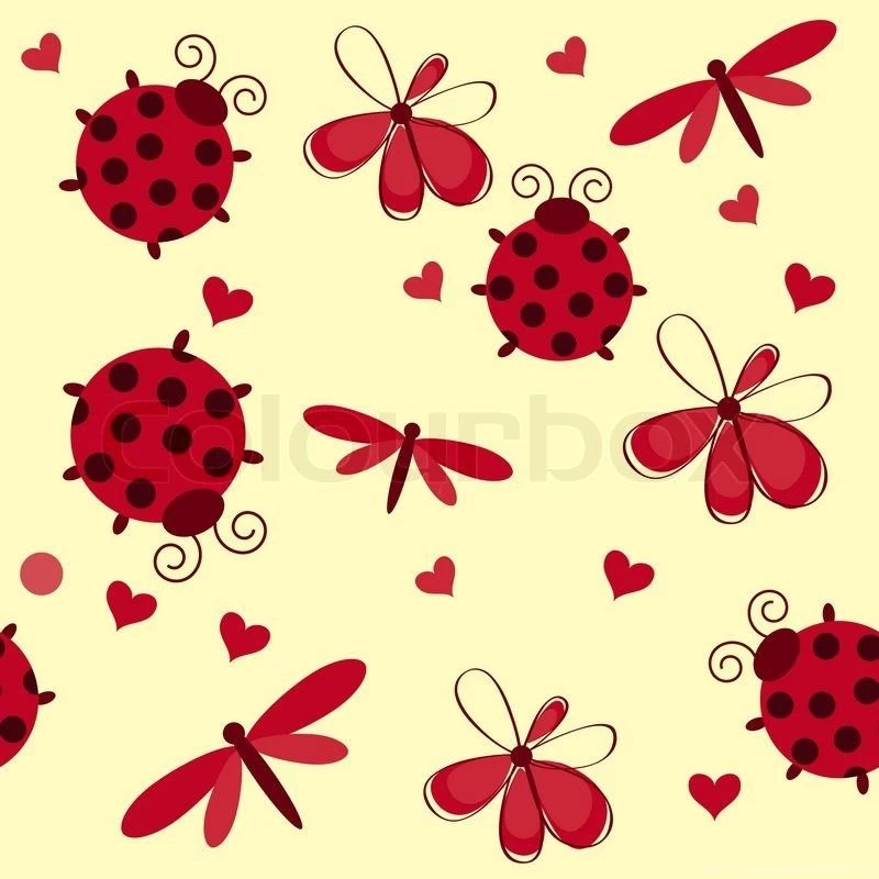 Romantic Seamless Pattern With Dragonflies, Ladybugs, Hearts And ...