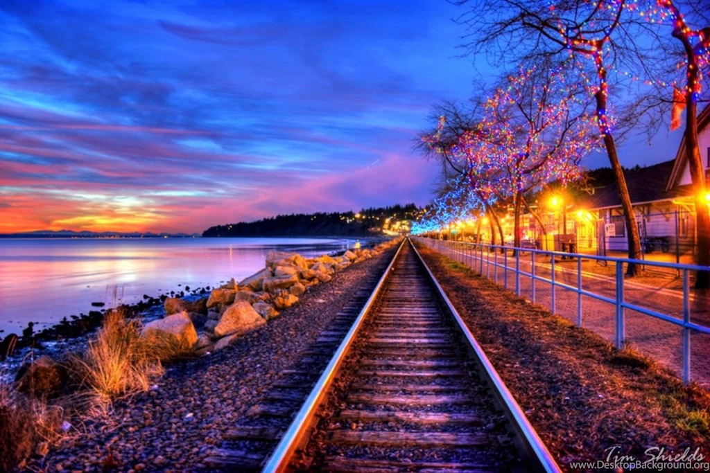 Other: Railroad Track Sunset Clouds Sky Lights Sea Trees Sun Train ...