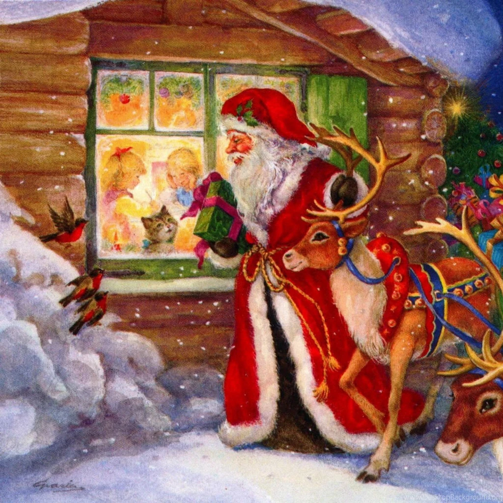 Download Wallpapers 2048x2048 Santa Claus, Reindeer, Window, Kids ...