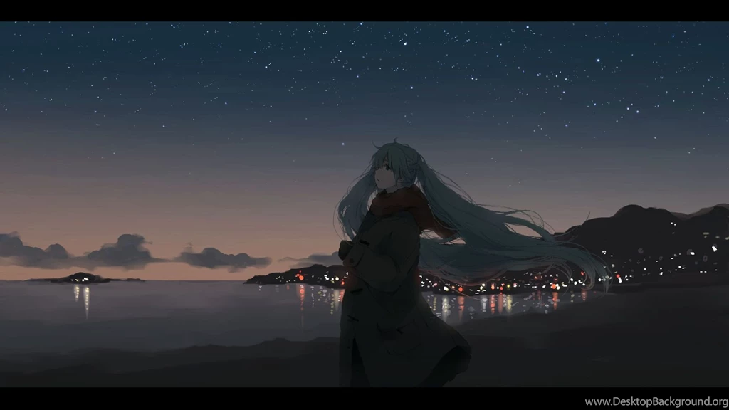 Beach Dark Hanno Hatsune Miku Long Hair Night Scarf Scenic Stars ...