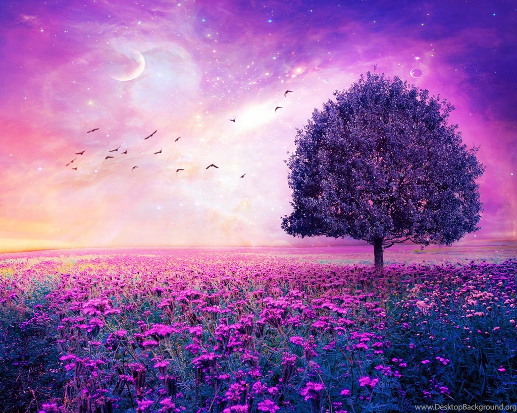 Tree And Purple Flowers Landscape 3d Art Hd Wallpapers ...