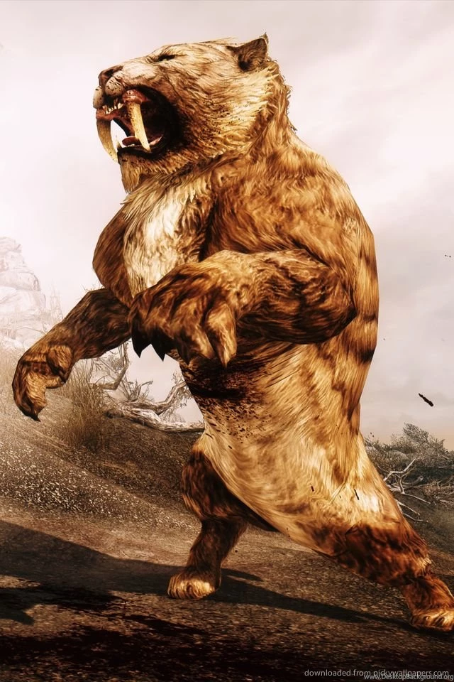 Download Skyrim Fight With A Sabre Tooth Tiger Wallpapers For iPhone 4