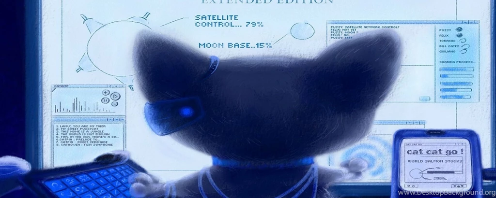 Download Wallpapers 2560x1024 Cat, Computer, Blue, Screen, Keyboard ...