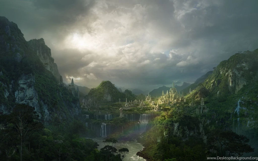 Temple Ruins Water Jungle Fantasy World Artwork