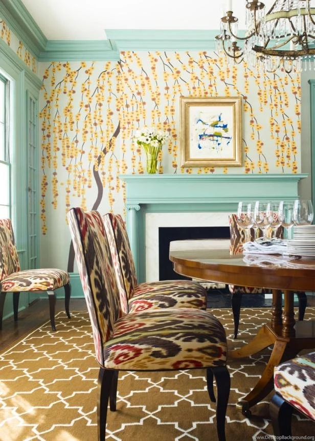 Contemporary Floral Wallpapers In Eclectic Dining Room