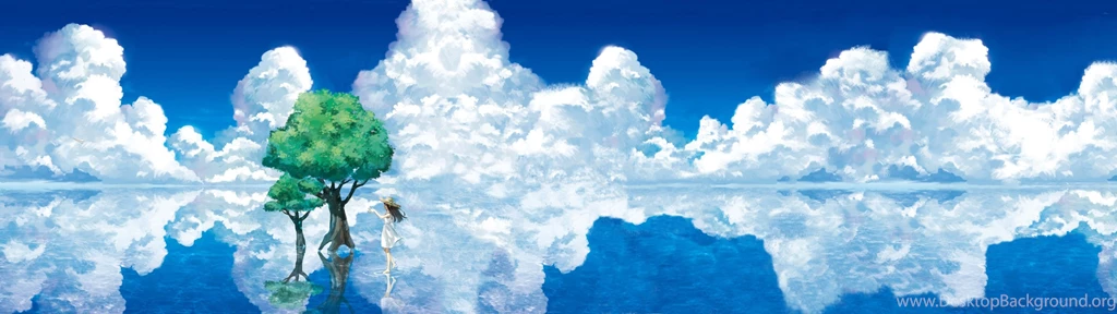 Anime Landscape Reflection Dual Screen Wallpapers