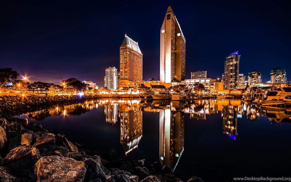Buildings Skyscrapers Night Reflection San Diego Harbor Rocks ...