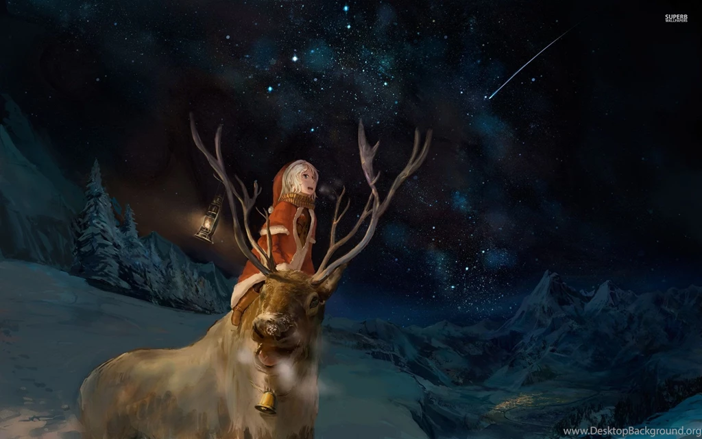 Santa Girl And A Reindeer Watching The Night Sky Wallpapers   Anime ...