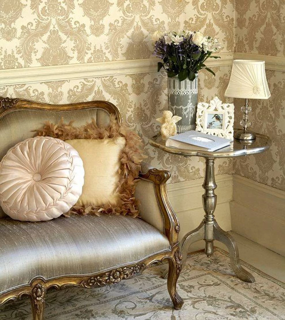 Living Room With Victorian Chair And End Table And Damask ...