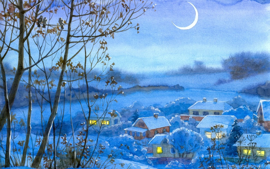 2560x1600 Village, Winter, Month, Watercolor, Night, Snow, Figure ...