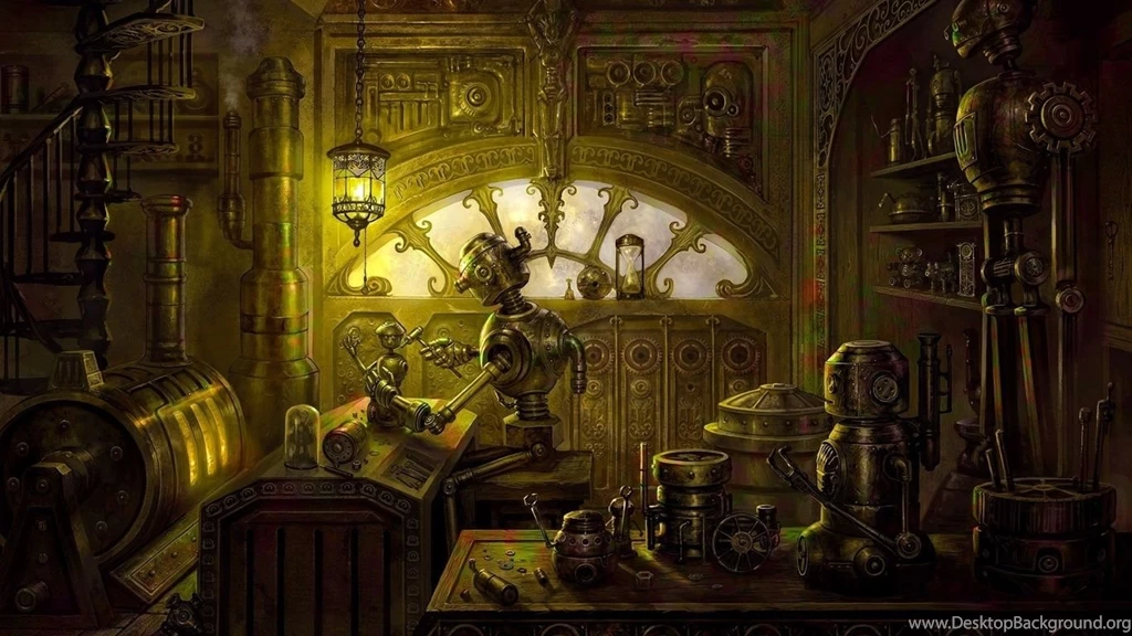 1366x768 Lamp, Steampunk, Robot, Oven, Parts, Workshop, Table ...
