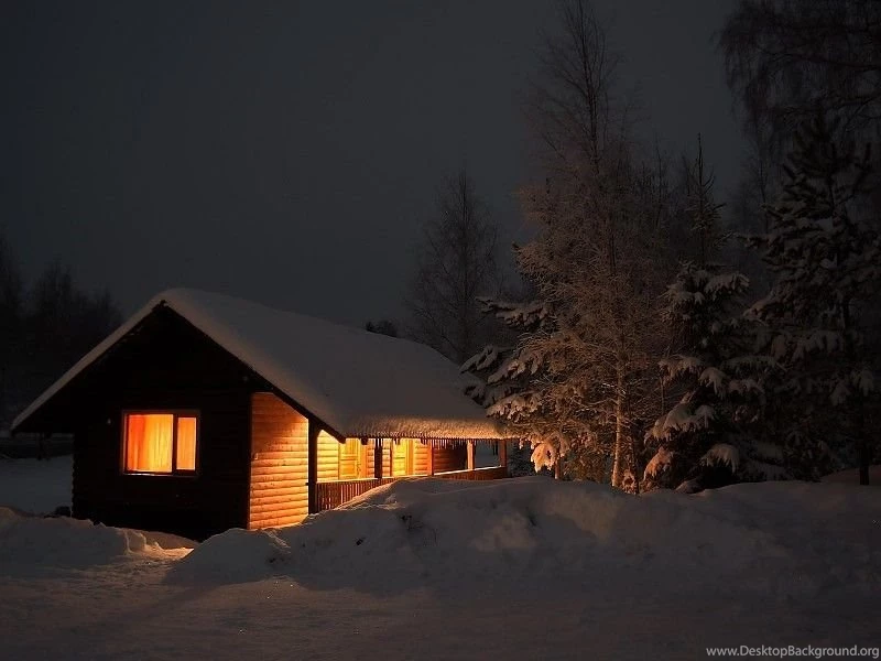 Snowy Log Cabin In Winter Free Desktop Backgrounds And Wallpapers