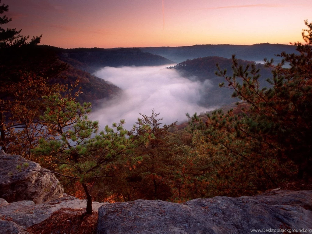 Wallpapers Forest, River, Mountains, Fog, Kentucky, Morning, Red ...