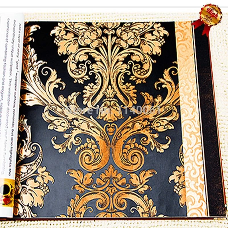 Luxurious Damascus Pattern Black And Golden Color Wallpapers Roll ...