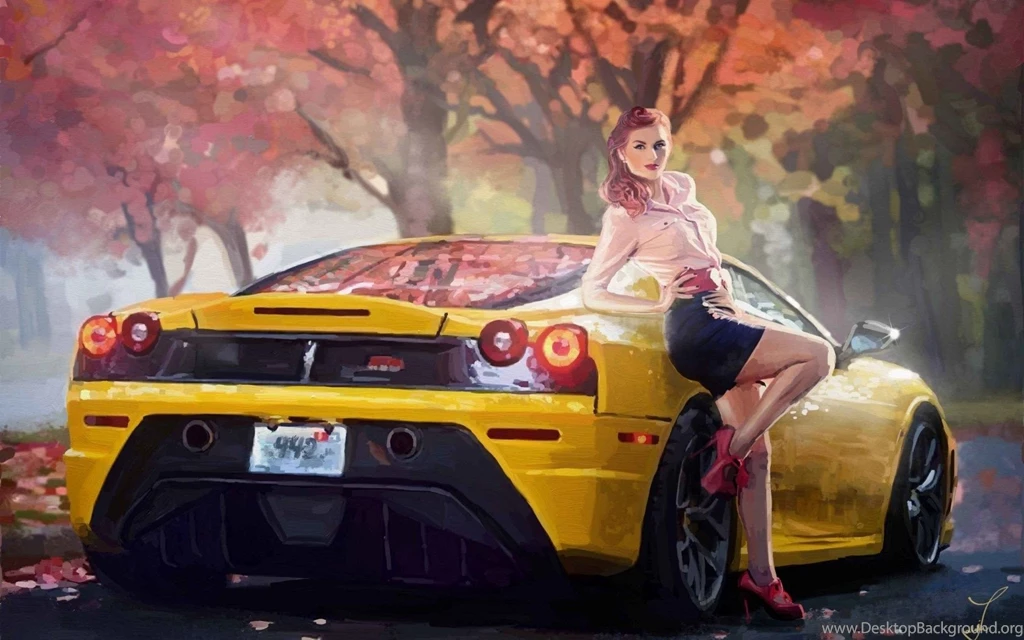 Oil Painting Art Ferrari Car Yellow Girl Autumn Trees Hd Wallpapers ...