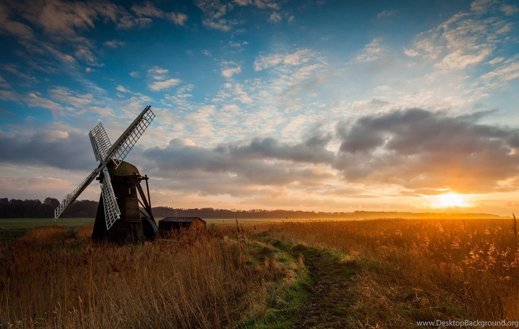 Field Morning Sunrise Mill Windmill Wallpapers