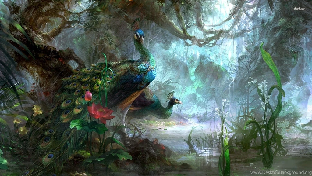 Peacocks In The Forest Wallpapers Fantasy Wallpapers