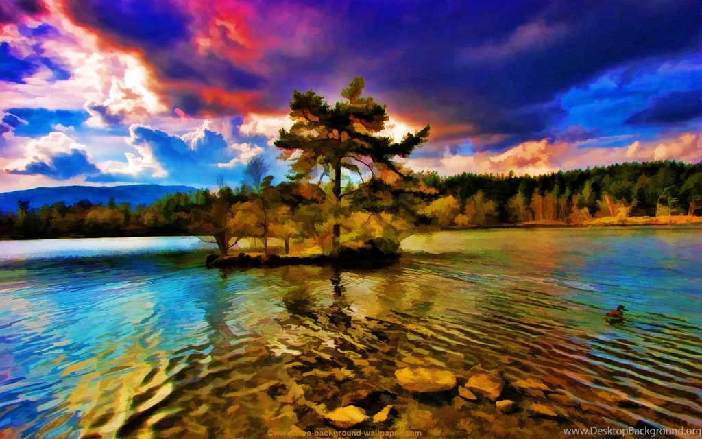 Tree On Island In Lake Artistic Backgrounds 1680x1050 Pixels
